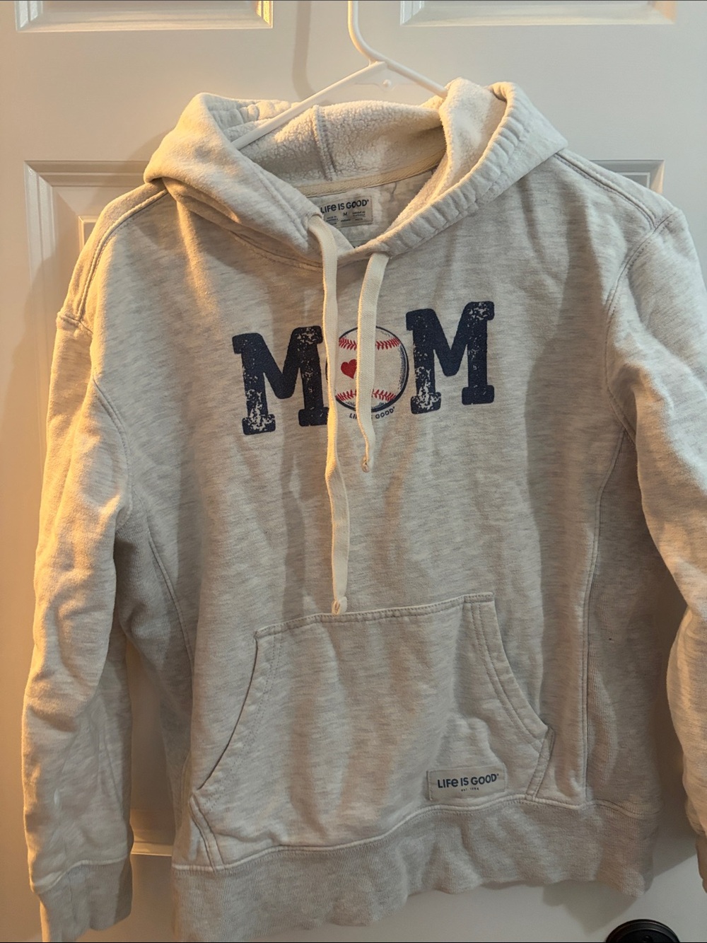 Life Is Good Heather Gray MOM Baseball Hoodie with Navy Letters
